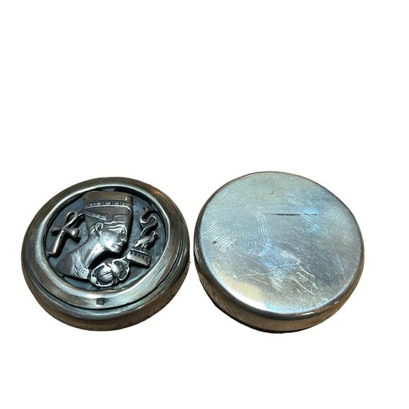 Vtg Sterling Silver Egyptian Pill Box Nefertiti Beetle Ankh Bird Snake Cutout - Picture 6 of 7